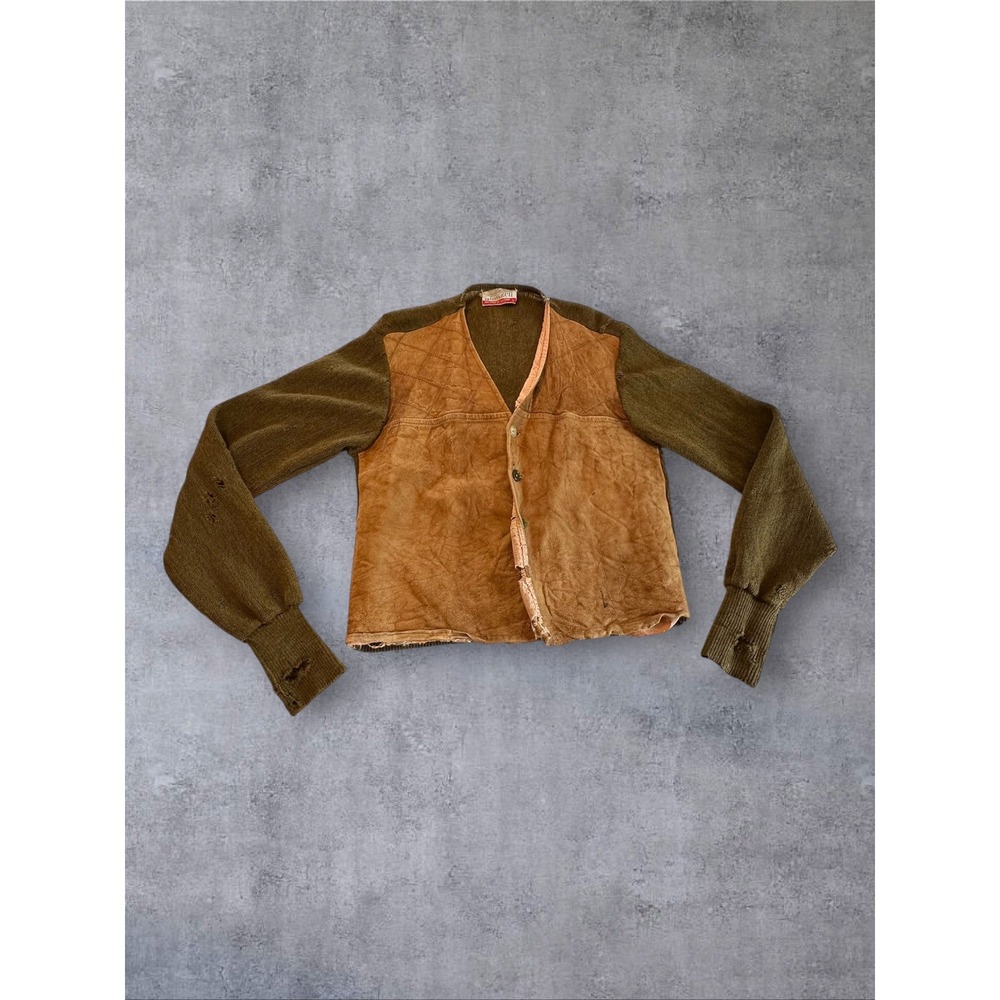 Vtg Jantzen Cardigan Sweater Mens Large Brown Olive Suede Quilted Distressed USA